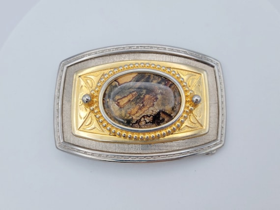 Vintage Two Tone Textured & Filigree Rectangular Belt Buckle with Large Jasper Cabochon Statement Retro Unisex Men Women Brown Tan Marbled