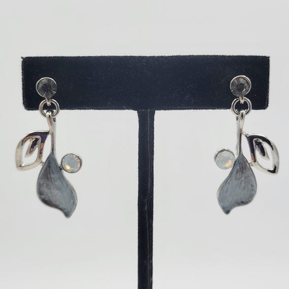 Vintage Silver Tone Leaves & Rhinestone Dangle Earrings with Gray Enamel Costume Jewelry Women Statement Retro 1 1/2" Drop Iridescent Green