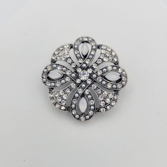 Vintage Silver Tone Round Rhinestone Encrusted Brooch with Clear & Opaque Stones Pin Costume Jewelry Accent Lapel Marquise Loop Swirl Button