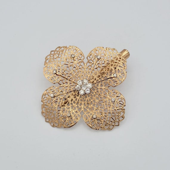 Vintage Oversize Rose Gold Tone Openwork Floral & Rhinestone Hair Clip Costume Jewelry Retro Women Statement Head Hair Piece Textured Petals