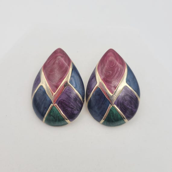 Vintage 1990s Chunky Oversize Gold Tone TeardropStud Earrings with Jewel Tone Enamel Costume Jewelry Women Statement 1 3/4" Pear Domed