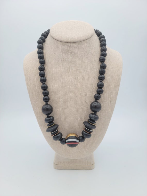 Vintage Black Wooden Beaded Necklace Costume Jewelry Retro Statement Single Strand Gold & Silver Tone Copper Accents Round Sphere Light