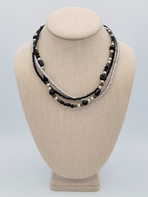 Vintage Premier Designs Black & Silver Tone 3 Strand Beaded Necklace Costume Jewelry Retro Statement Women Matte Adjustable Beads Gray Three