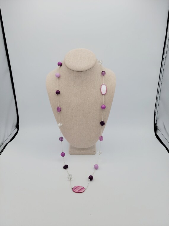 Vintage Silver Tone Long Chain Necklace with Purple Accent Beads Costume Jewelry Retro Statement Rhinestones Shell Faceted Plastic Lavender
