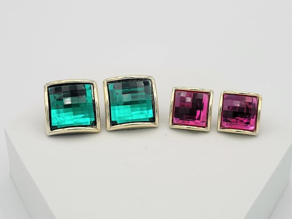 Set of 2 Vintage 1980s Silver Tone Square Stud Earrings with Green & Pink Faceted Stones Costume Jewelry Retro Women Plastic Lightweight