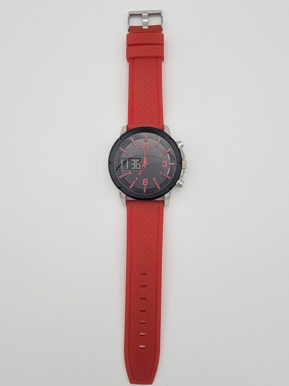 Silver Tone, Black & Red Oversize Men's Watch with Silicone Band Costume Jewelry Retro Men Accessories Statement 51mm FMDAW023 100FT WR