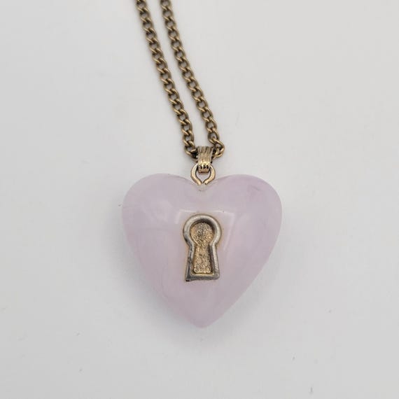 Vintage Faux Rose Quartz Heart Shaped Lock Pendant Necklace with Gold Tone Curb Chain Costume Jewelry Retro Women Accent Love Valentine