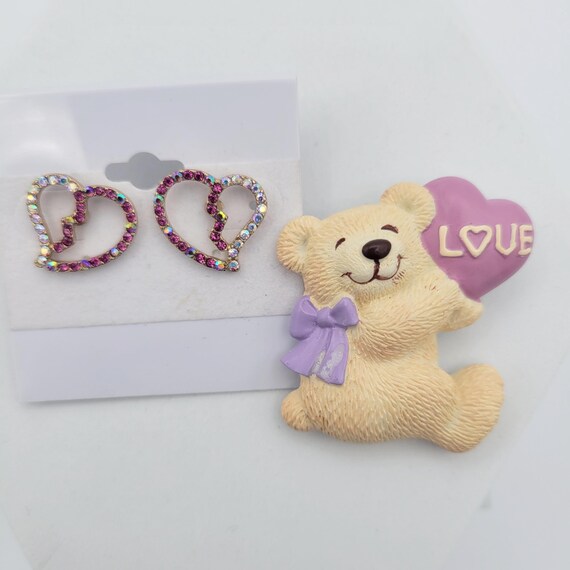 Vintage Valentine's Day Jewelry Set with Broken Heart Shaped Stud Earrings & Bear Brooch Costume Jewelry Retro Statement February Love