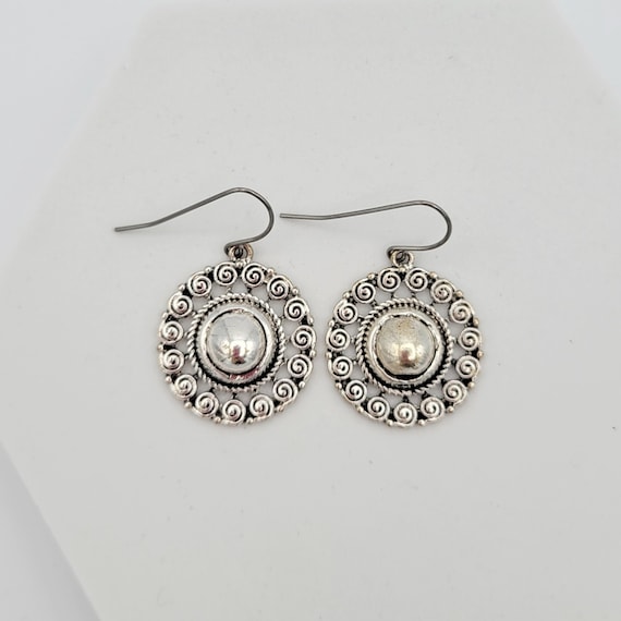 Vintage Nickel Free Silver Tone Openwork Swirl Pattern Circular Dangle Earrings Costume Jewelry Retro Women Statement Scrolls Rope Edge