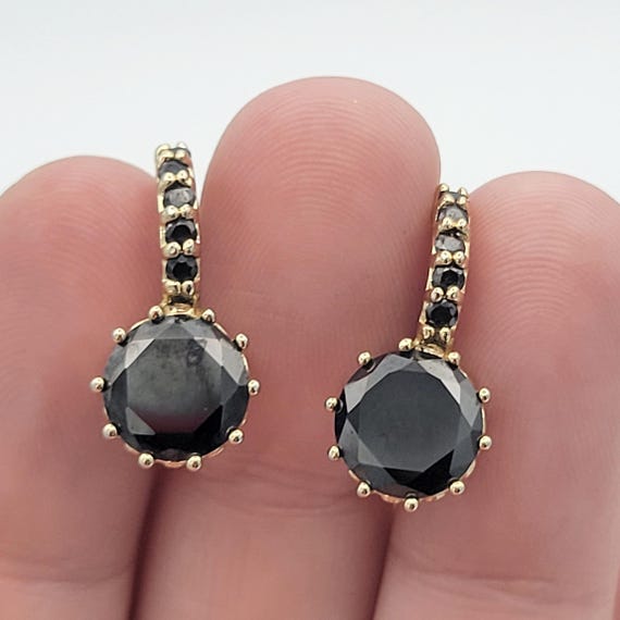Vintage Gold Tone & Black Rhinestone Encrusted Dangle Earrings Costume Jewelry Retro Women Statement Latch Back Posts Shiny Faux Onyx