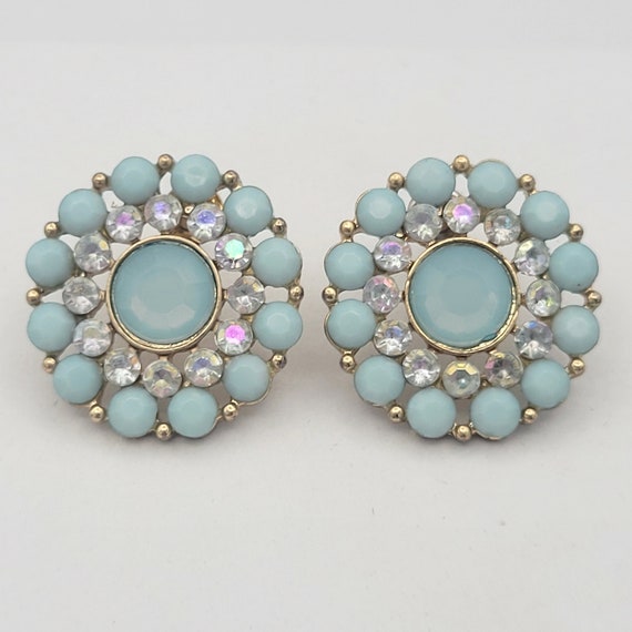 Vintage Gold Tone Round Stud Earrings with Opaque Light Blue & Clear Faceted Rhinestones Costume Jewelry Statement Accessories Women Retro
