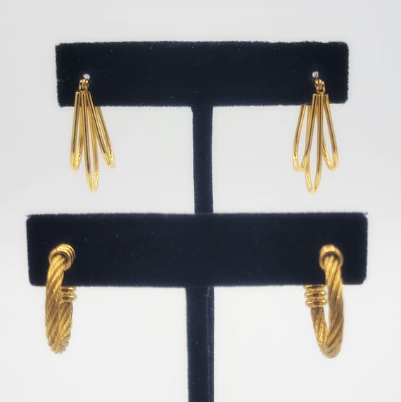 2 Pair of Vintage Gold Tone Hoop Earrings Dangles Costume Jewelry Retro Women Statement Accent Everyday Rope Triple Hoop Chrome Textured