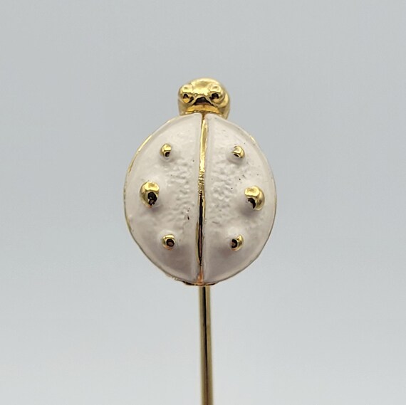 Vintage Gold Tone & White Enamel Ladybug Stick Pin Costume Jewelry Retro Statement Women Straight Hat Brooch Spots Insect Creature Bug