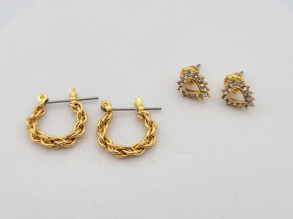Two Pairs of Vintage Gold Tone Minimal Earrings Hearts & Hoops Costume Jewelry Statement Accessories Women Shiny Rhinestones Small Chain