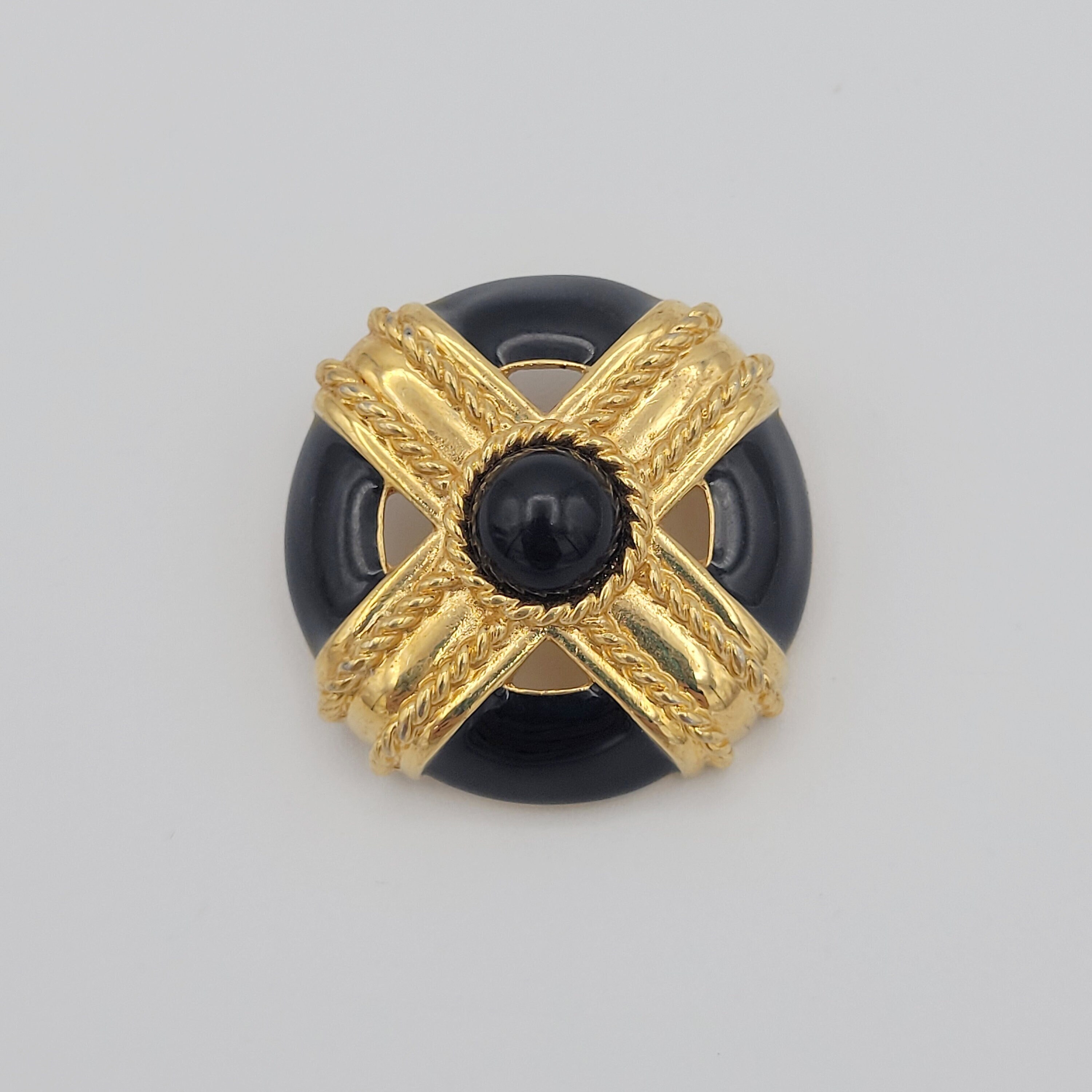 Vintage 1980s Monet Gold Tone & Black Enamel Criss Cross