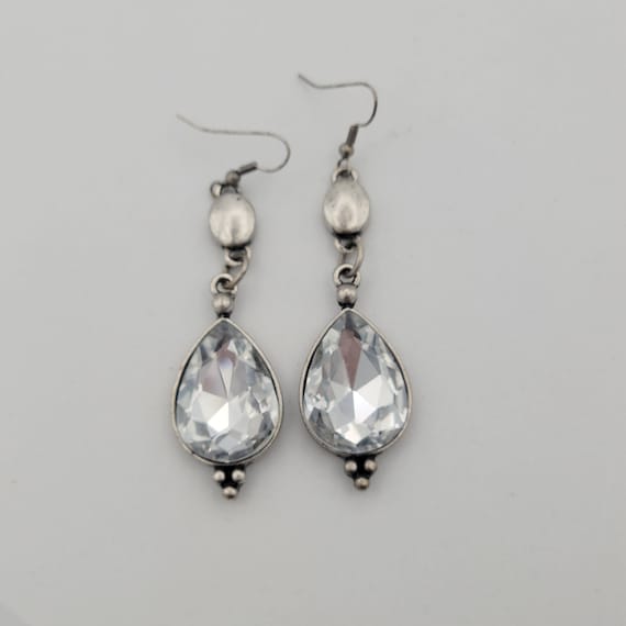 Vintage Silver Tone Teardrop Dangle Earrings with Clear Faceted Rhinestones Costume Jewelry Statement Retro Accessories Women Old Hollywood