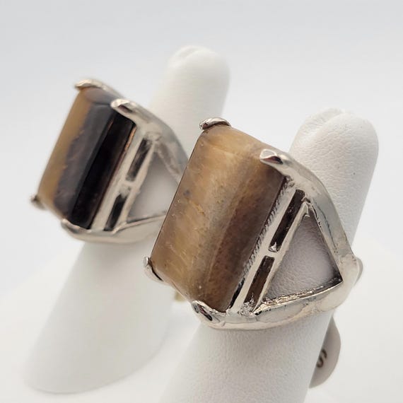 Vintage NEW Oversize Silver Tone & Faux Tigers Eye Rectangle Cabochon Cocktail Statement Ring Right Hand Costume Jewelry Chunky Thick Wide