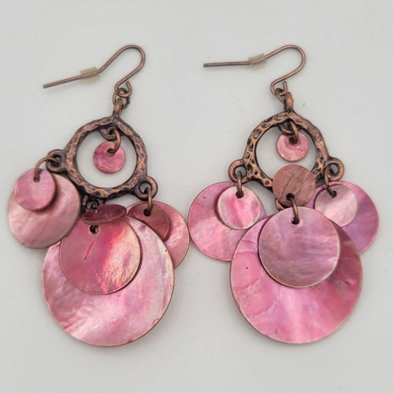 Vintage Copper Tone Bohemian Style Pink Shell Dis… - image 3