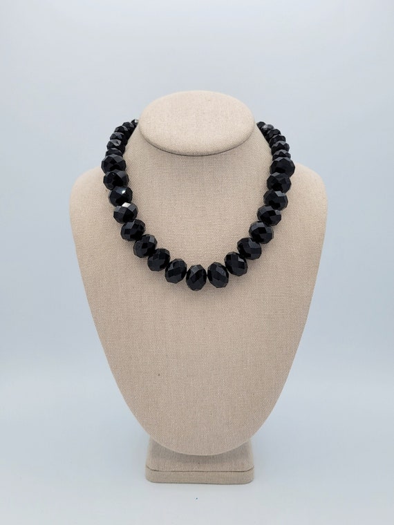 Vintage Black Faceted Glass Beaded Gradient Necklace Costume Jewelry Retro Statement 18" Thick Chunky Sparkle Toggle Clasp Oval Round Beads