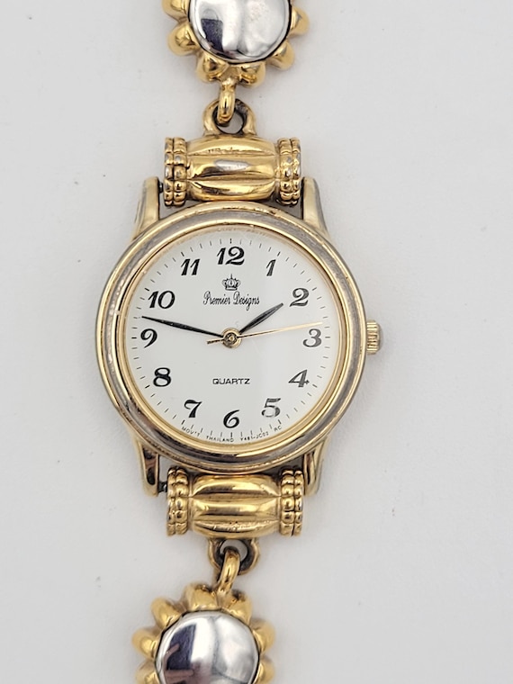 Vintage Premier Designs Two Tone Floral Ladies Bracelet Watch Costume Jewelry Statement Women Easy to Read Timepiece Silver & Gold Tone