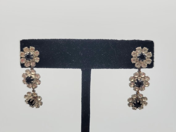 Vintage Silver Tone Floral Drop Earrings Encrusted with Clear & Black Rhinestones Costume Jewelry Retro Women Statement Accent Flowers