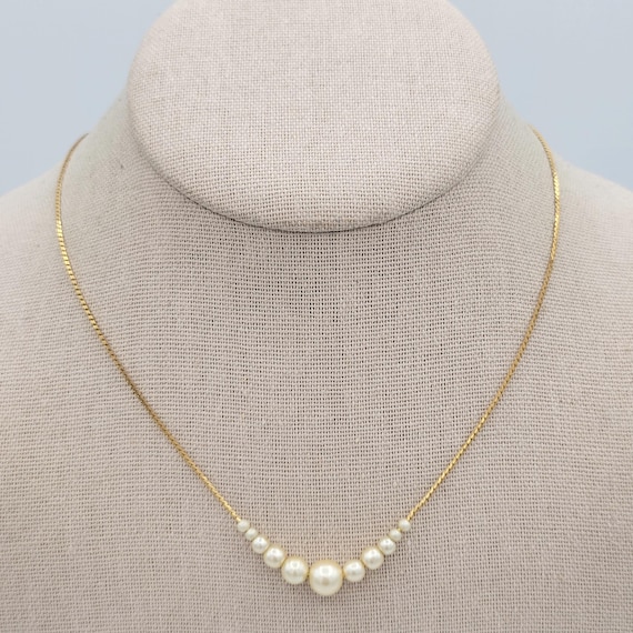 Vintage 1990s Napier Gold Tone 30" Herringbone Chain Necklace with 11 White Faux Pearl Beads Costume Jewelry Statement Women Gradient