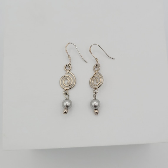 Vintage .925 Sterling Silver Spiral Dangle Earrings with Faux Pearls Costume Jewelry Statement Retro Accessories Women Small Petite Swirl