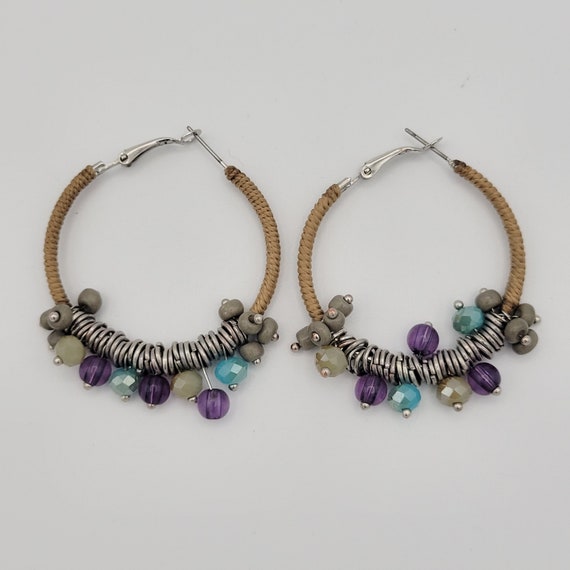 Vintage Silver Tone Hoop Earrings with Gray Blue & Purple Beaded Accents Costume Jewelry Retro Statement Women Drop Dangle 3/4" Diameter