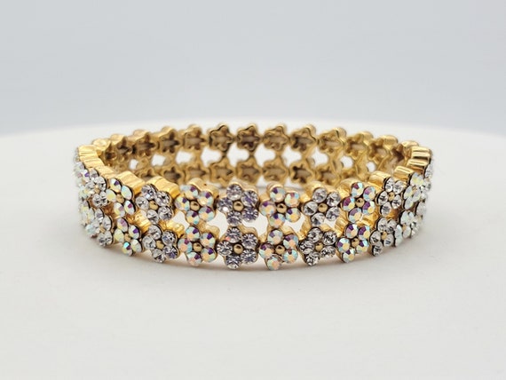 Vintage Gold Tone Floral Stretch Bracelet with Clear & Iridescent Rhinestones Costume Jewelry Retro Statement Women Adjustable Bangle Pink