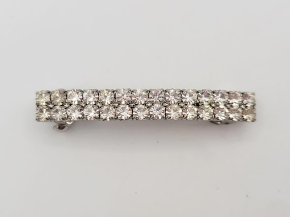 Vintage Silver Tone Rhinestone Encrusted Bar Shaped Barrette with Double Push Button Clasp Costume Jewelry Statement Women Accessories