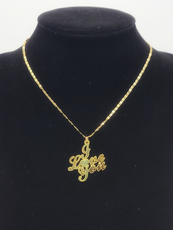 Vintage Gold Tone "I Love You" Pendant with 14" Chain Necklace Costume Jewelry Retro Statement Women Cursive Writing Choker Linked Chain