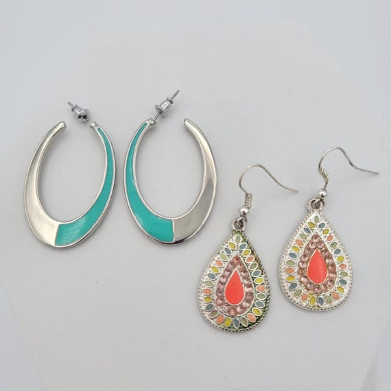 Two Pairs of Vintage Silver Tone & Enamel Hoops and Dangle Earrings Costume Jewelry Retro Women Statement Pastel Aqua Teardrop Pink
