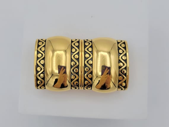 Vintage Paquette Gold Tone Geometric Design Two Piece Sliding Belt Buckle Costume Jewelry Statement Retro Chunky Dome Textured Zig Zag