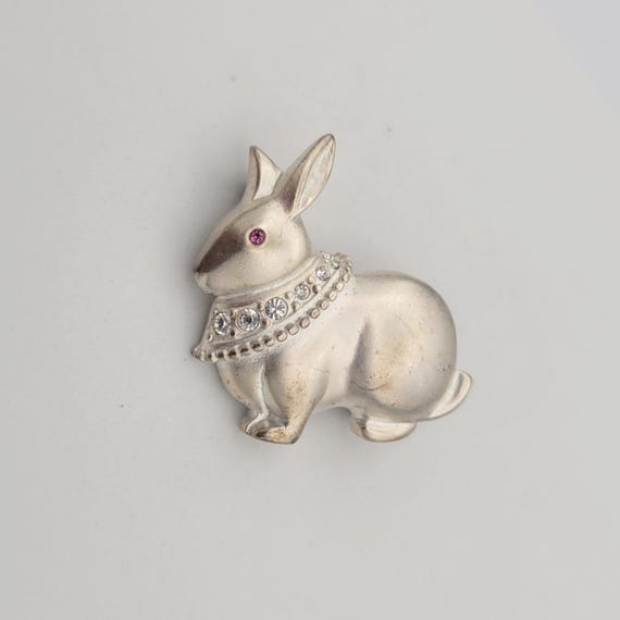 Vintage Premier Designs Thick Silver Tone Rabbit with Rhinestone Eye & Collar Brooch Costume Jewelry Women Statement Retro Pin Chunky Pink