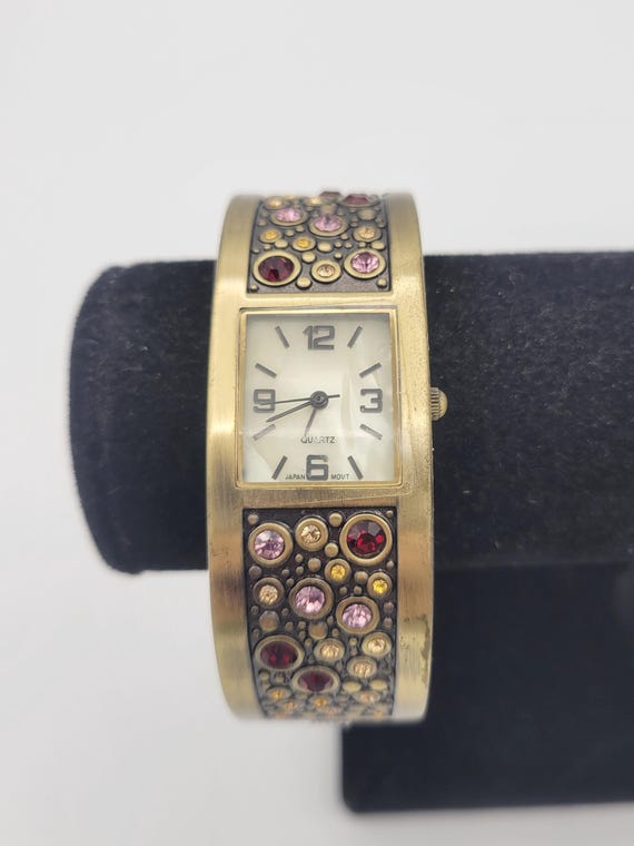 Vintage Antique Gold Tone Rectangular Ladies Clamper Cuff Watch with Red, Pink & Orange Rhinestones Costume Jewelry Women Statement MOP