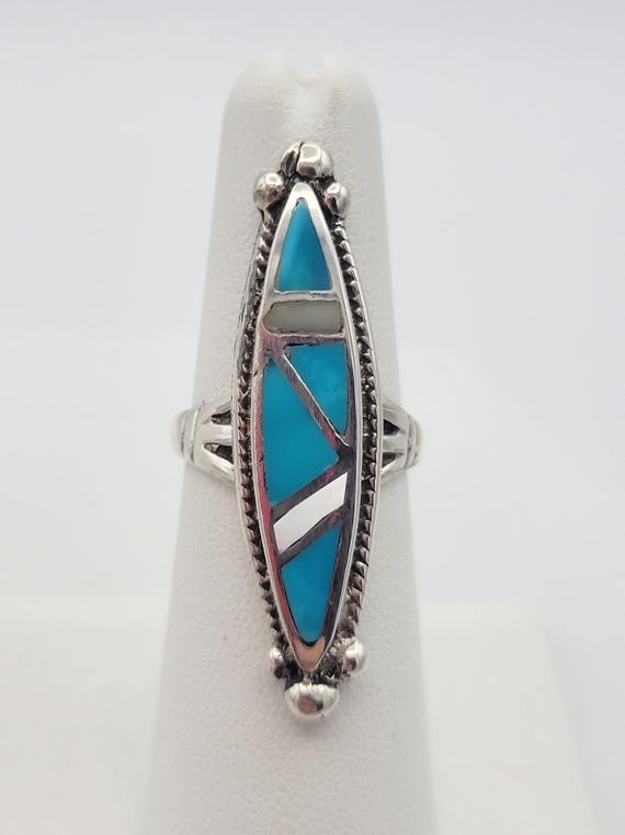 Vintage .925 Sterling Silver with Turquoise & Mother of Pearl Inlay Marquise Knuckle Statement Ring Right Hand Costume Jewelry US Size 5 1/2