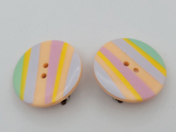 Vintage Large Pastel Striped Button Clip On Earrings Costume Jewelry Statement Retro Accessories Women 1 3/8" Peach Purple Green Blue Yellow