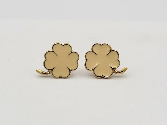 RARE Vintage Monet Small Gold Tone 4 Leaf Clover Stud Earrings with Cream Enamel Costume Jewelry Retro Simple Minimal Women Accent Ivory