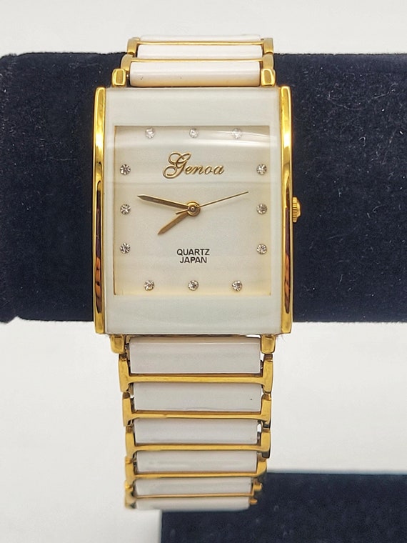 Genoa Gold Tone & White Rectangular Ladies Watch with Rhinestones and Deployment Clasp Costume Jewelry Retro Statement Timepiece Ceramic