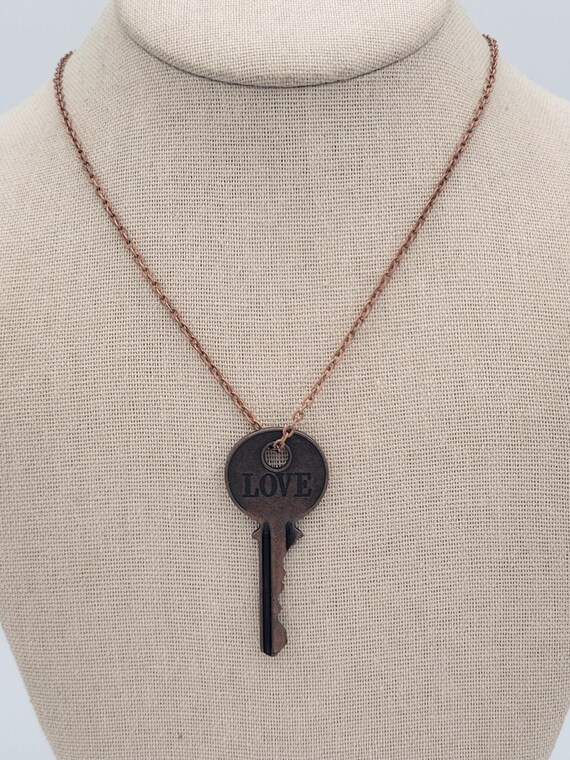 Vintage Copper "LOVE" Key Pendant with Cable Chain Necklace Costume Jewelry Retro Statement Women Accent Stack Layer 22" Engraved