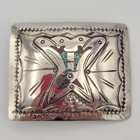 Vintage Silver Tone Thin Metal Southwestern Rectangular Belt Buckle with Turquoise & Coral Inlay Costume Jewelry Statement Retro Unisex