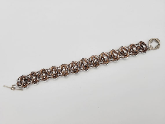Vintage Silver Tone & Copper Woven Link Bracelet with Toggle Clasp Costume Jewelry Retro Statement Women 8" Long Mixed Metals Versatile