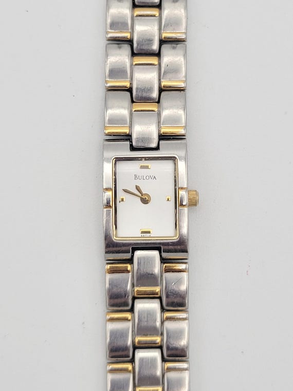 Vintage Bulova 98T16 Two Tone Rectangle Ladies Wrist Watch with Bracelet Band Costume Jewelry Retro Statement Timepiece Wristwatch WR