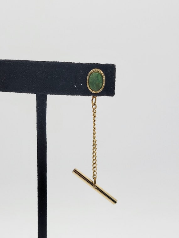 Vintage Gold Tone Oval Faux Jade Tie Tack Costume Jewelry Suit Men's Accessories Geometric 7/16" Green Marbled Cabochon Rope Edge Twisted