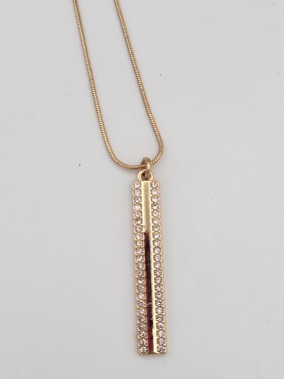 Vintage Nine West Gold Tone Geometric Rectangular Rhinestone Pendant with Snake Chain Necklace Costume Jewelry Statement Women Accessories