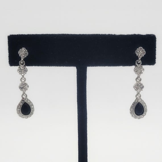 Vintage Monet Silver Tone Rhinestone Encrusted Dangle Earrings with Black Pear Shaped Faceted Stones Costume Jewelry Retro Women Statement