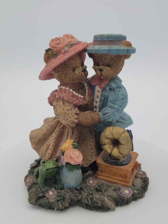 Vintage 1990s Berry Hill Bears Figurine "Rejoice In The Lord, Always" Retro 5" Young's 2 Bears Phonograph Frog Flowers Pink Blue Dancing