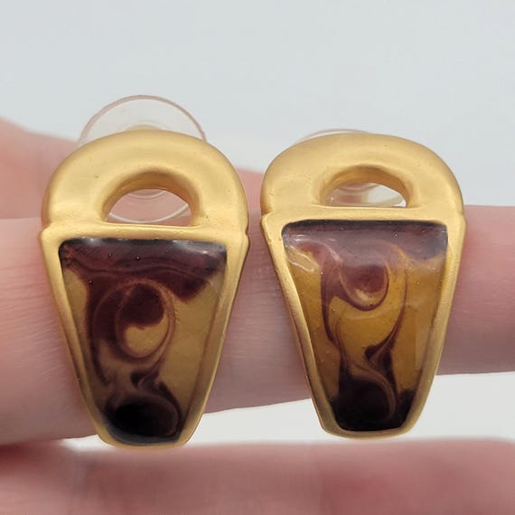 Vintage Matte Gold Tone Openwork Semi Circle Hoop Drop Earrings With Swirled Brown & Yellow Enamel Costume Jewelry Women Statement Brushed