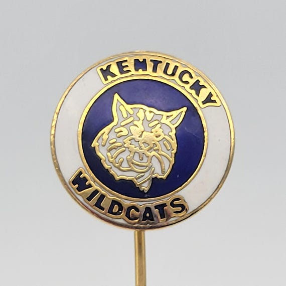 Vintage Gold Tone with Blue & White Enamel Kentucky Wildcats Stick Pin Round Costume Jewelry Retro Statement Women Straight Hat Brooch