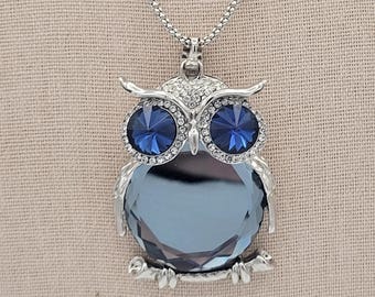 Fashion Women Cute Shiny Blue Crystal Enamel Owl Pendant Chain Lady Necklace
